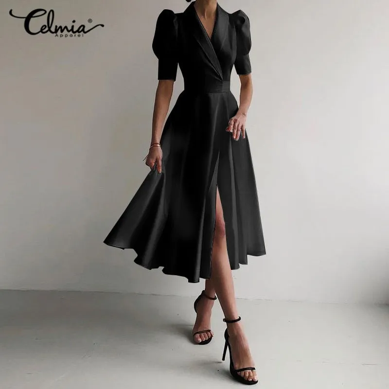 Sexy V-Neck Elegant Satin Shirt Dress 2022 Women Summer Sundress Casual Puff Sleeve Bandage Pleated Solid Party Vestidos