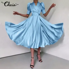 Sexy V-Neck Elegant Satin Shirt Dress 2022 Women Summer Sundress Casual Puff Sleeve Bandage Pleated Solid Party Vestidos