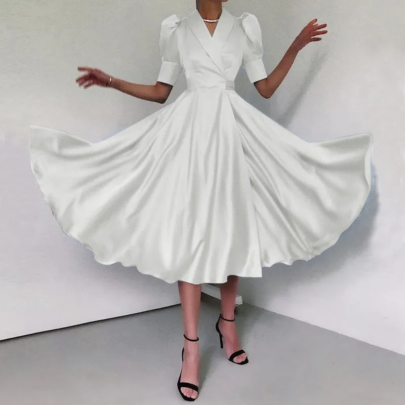 Sexy V-Neck Elegant Satin Shirt Dress 2022 Women Summer Sundress Casual Puff Sleeve Bandage Pleated Solid Party Vestidos