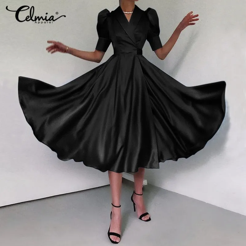 Sexy V-Neck Elegant Satin Shirt Dress 2022 Women Summer Sundress Casual Puff Sleeve Bandage Pleated Solid Party Vestidos