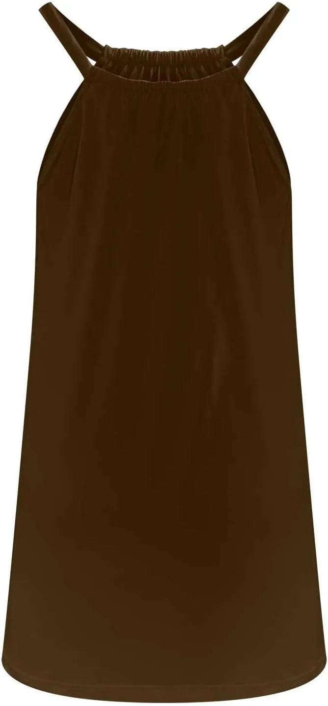 Summer Beach Dress for Women Casual Sleeveless Solid Color Dresses Loose Crew Neck Pleated Vacation Sundress