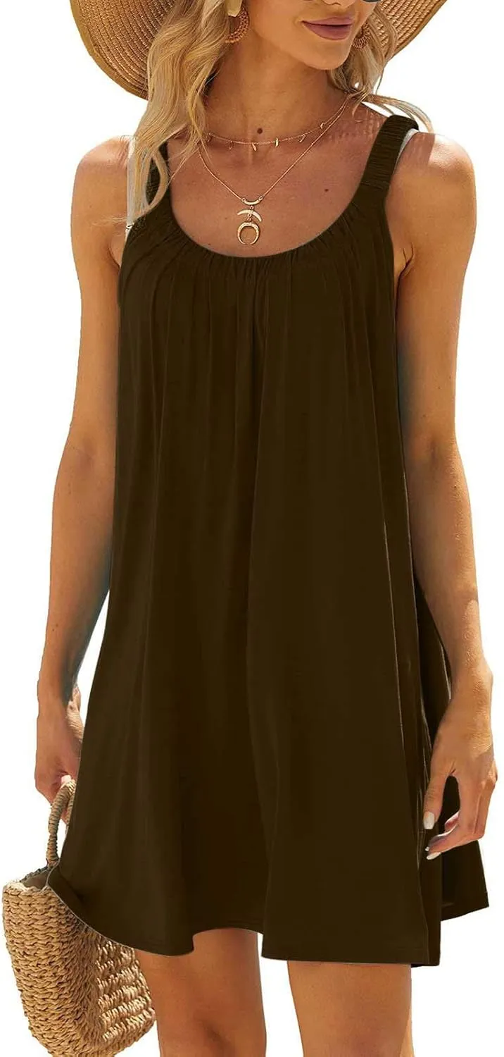 Summer Beach Dress for Women Casual Sleeveless Solid Color Dresses Loose Crew Neck Pleated Vacation Sundress