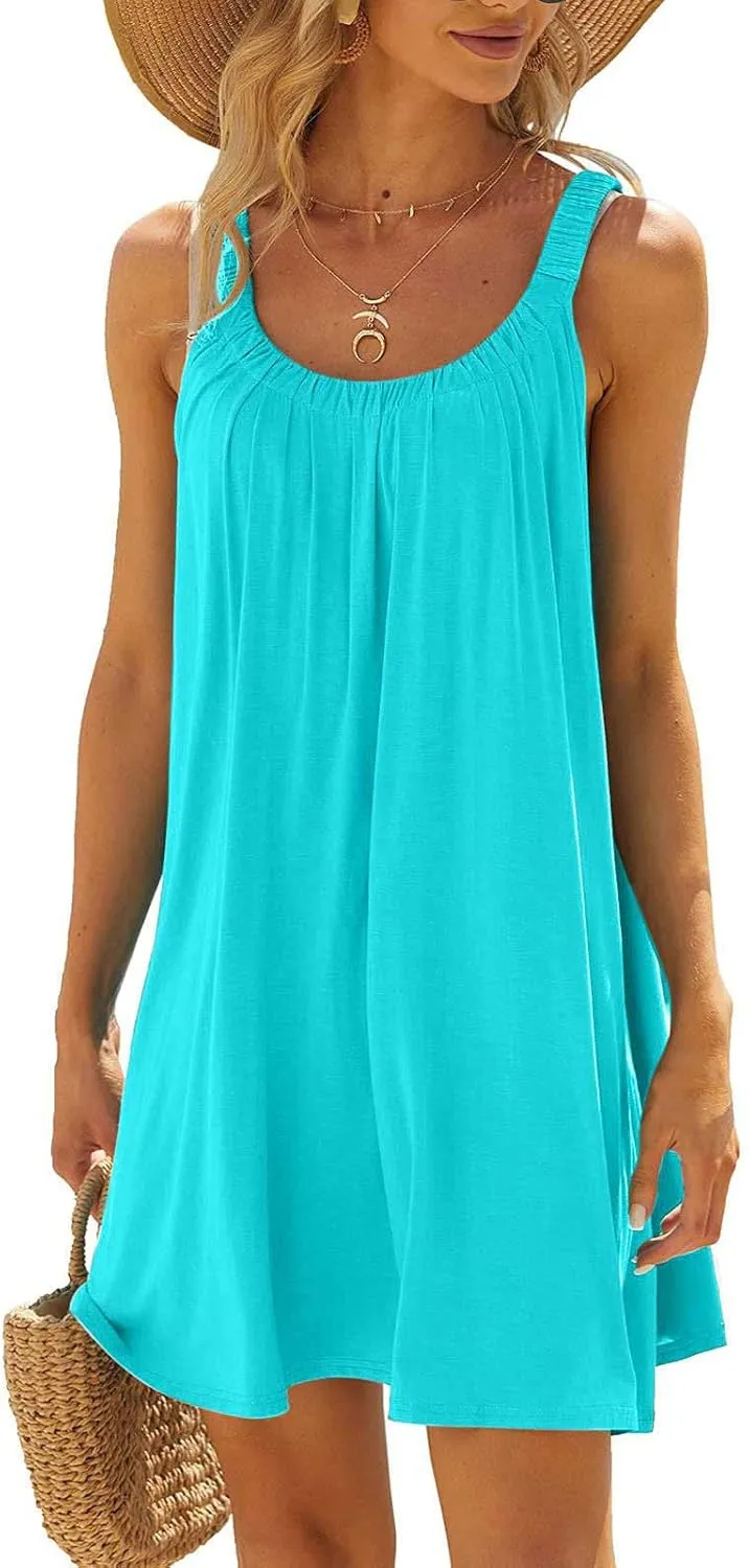 Summer Beach Dress for Women Casual Sleeveless Solid Color Dresses Loose Crew Neck Pleated Vacation Sundress