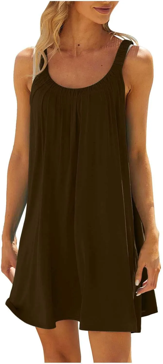 Summer Beach Dress for Women Casual Sleeveless Solid Color Dresses Loose Crew Neck Pleated Vacation Sundress