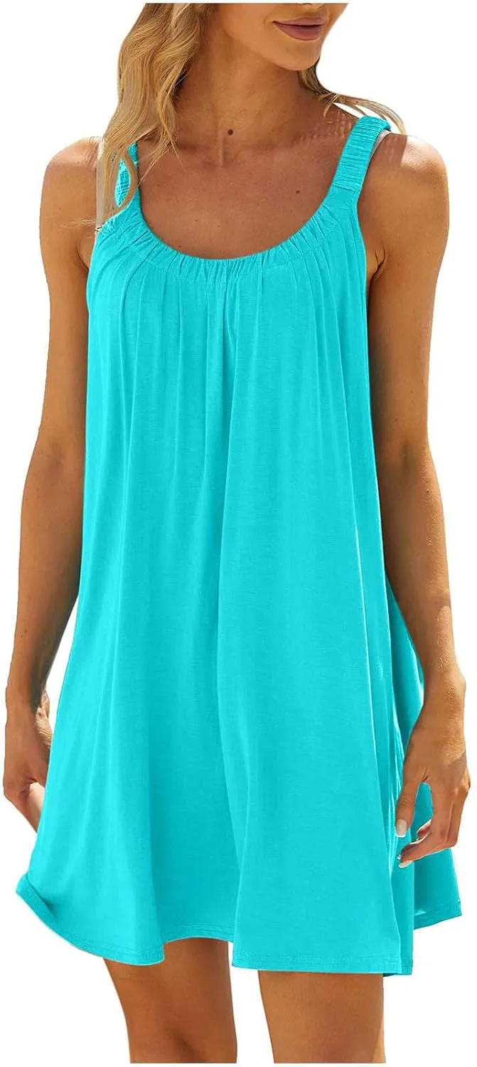 Summer Beach Dress for Women Casual Sleeveless Solid Color Dresses Loose Crew Neck Pleated Vacation Sundress