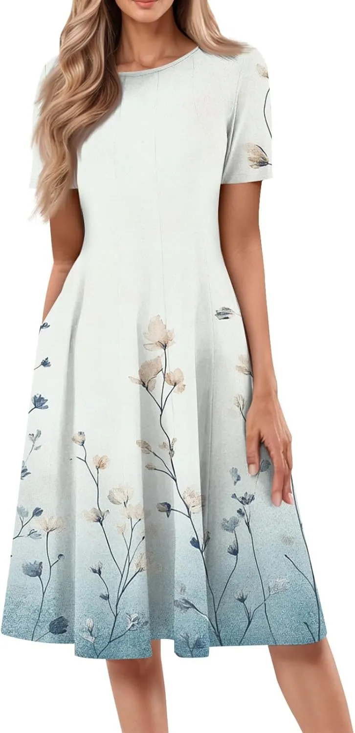 Summer Dresses Elegant Vintage Floral Short Sleeve Round Neck Pleated A-Line Beach Midi Sundress with Side Pockets