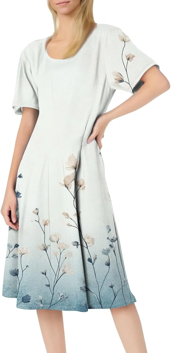 Summer Dresses Elegant Vintage Floral Short Sleeve Round Neck Pleated A-Line Beach Midi Sundress with Side Pockets