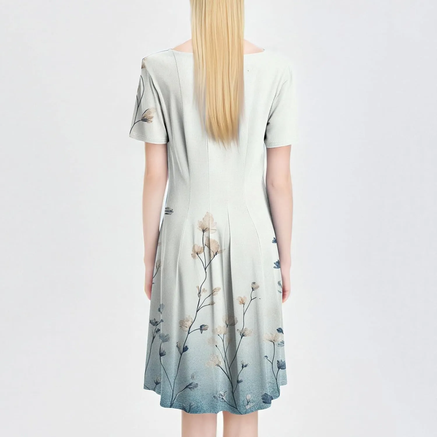 Summer Dresses Elegant Vintage Floral Short Sleeve Round Neck Pleated A-Line Beach Midi Sundress with Side Pockets