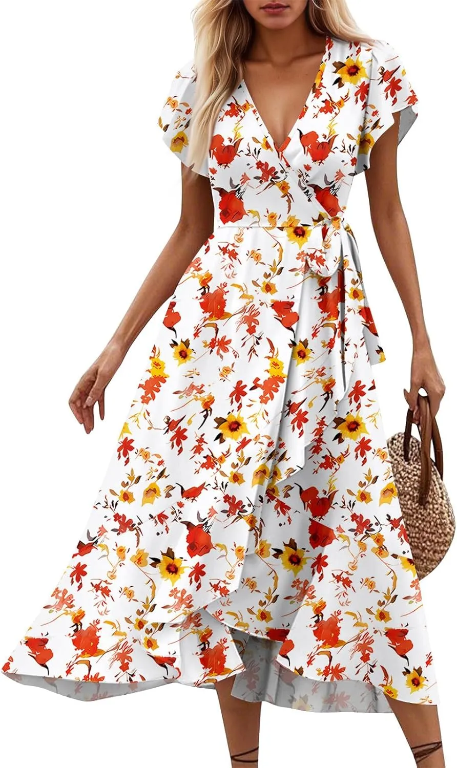 Summer Dresses for Women 2025 Floral Wrap V Neck Midi Dresses Fashion Short Sleeve A Line Sundress Flowy Casual Dress