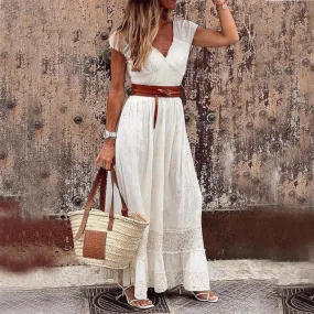 Summer Fashion V-neck Vintage Party Long Dress Female White Lace Beach