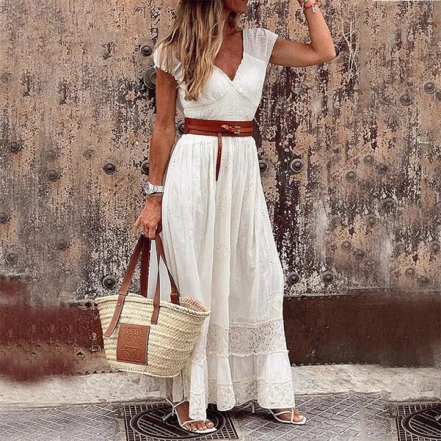 Summer Fashion V-neck Vintage Party Long Dress Female White Lace Beach