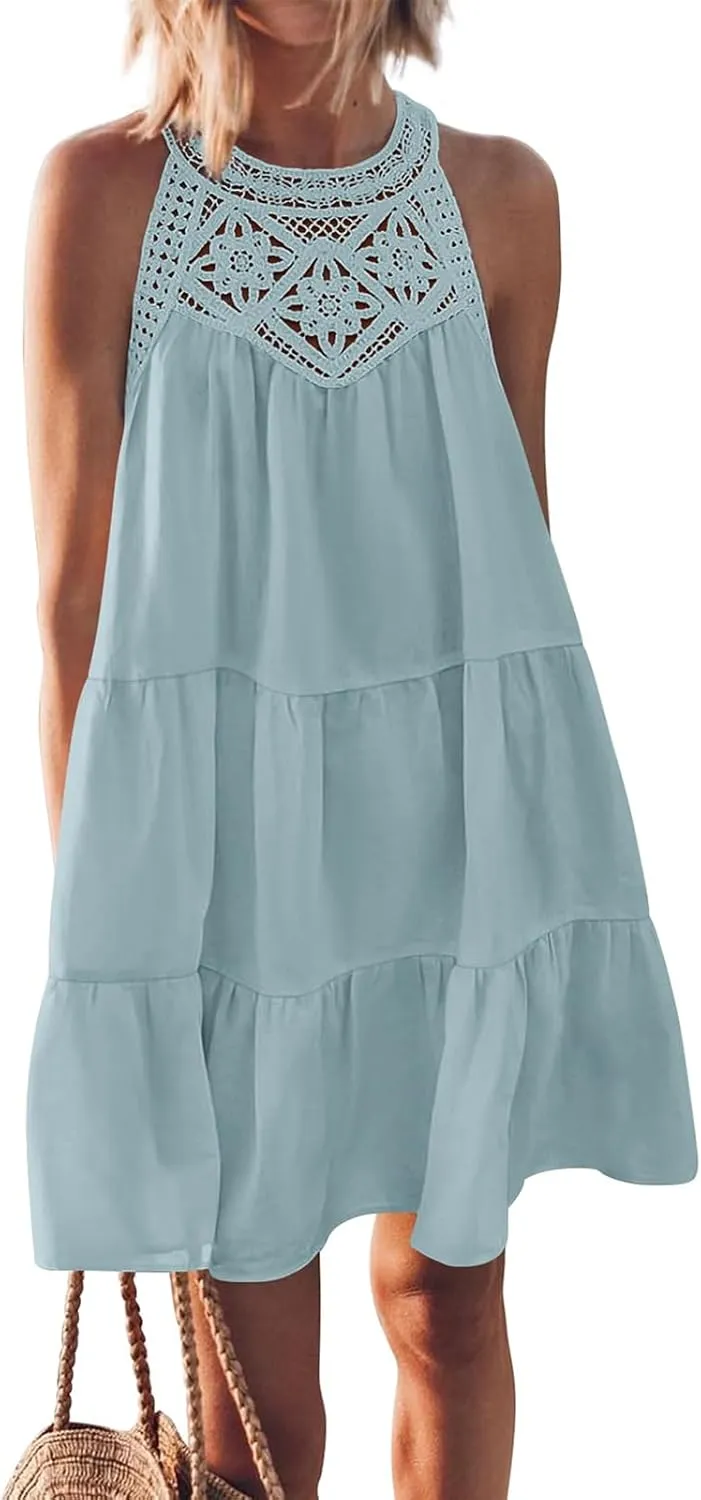 Summer Halter Maxi Dresses for Women Tiered Swing Cotton Linen Sundress Sleeveless A-Line Beach Vacation Sundress