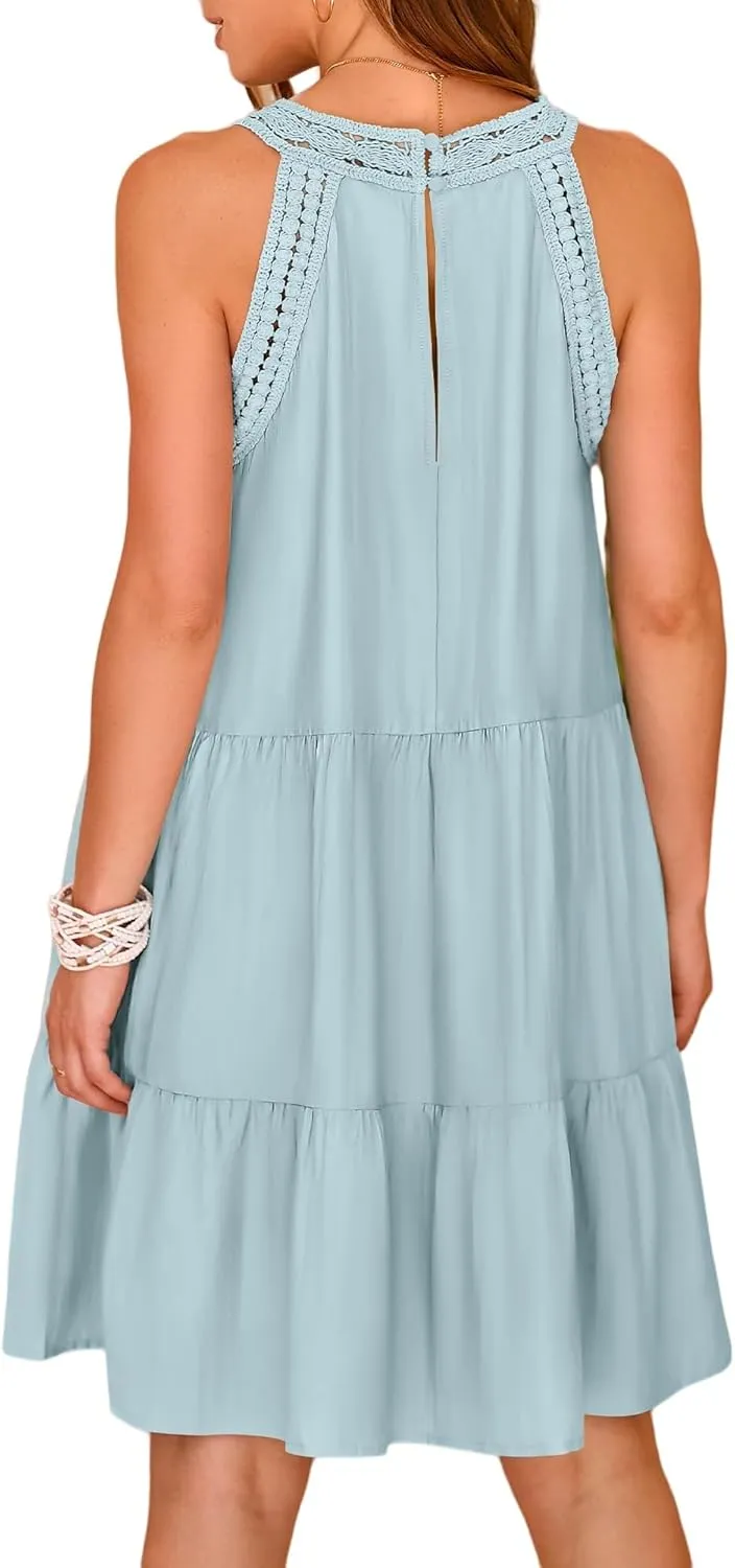 Summer Halter Maxi Dresses for Women Tiered Swing Cotton Linen Sundress Sleeveless A-Line Beach Vacation Sundress