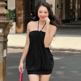 Sundress Y2k Clothes Woman Summer Outfit 2024 Fashion Sexy Ruched Halter Backless Mini Dresses P16-BE20