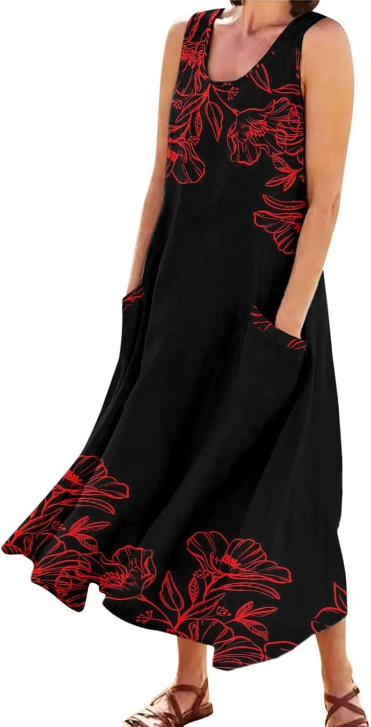 Sundresses for Women 2024 Casual Cotton Linen Maxi Dresses with Pockets Loose Print Sun Dress Plus Size Summer Dress