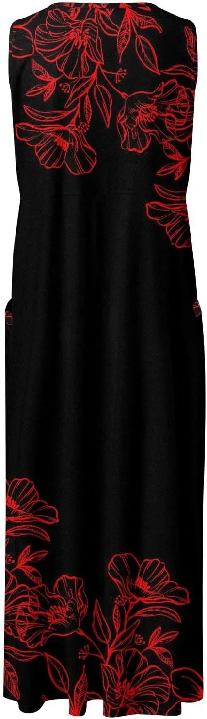 Sundresses for Women 2024 Casual Cotton Linen Maxi Dresses with Pockets Loose Print Sun Dress Plus Size Summer Dress