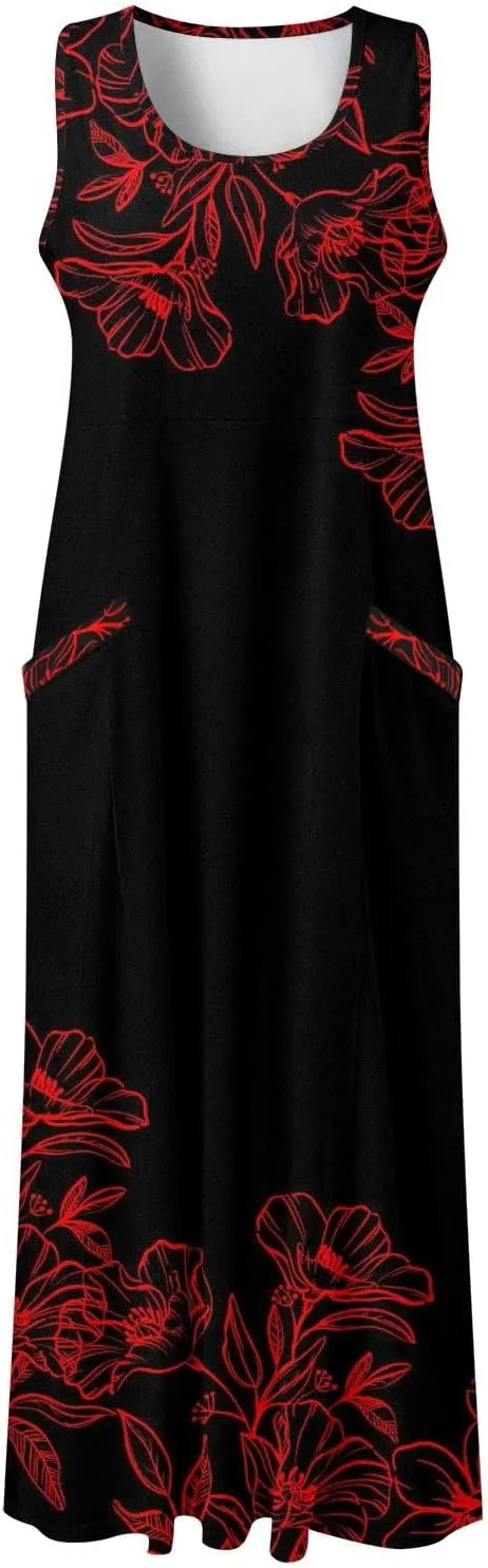 Sundresses for Women 2024 Casual Cotton Linen Maxi Dresses with Pockets Loose Print Sun Dress Plus Size Summer Dress