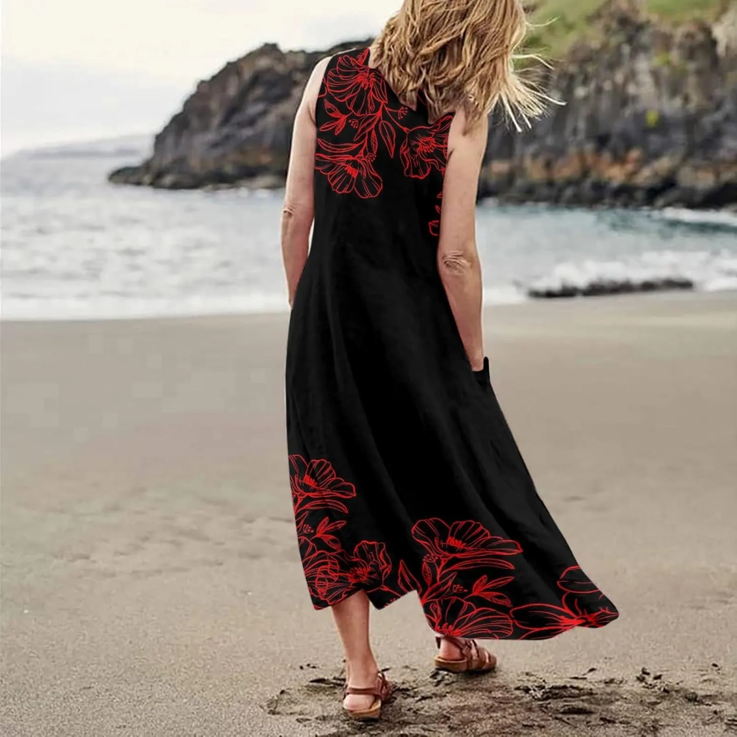 Sundresses for Women 2024 Casual Cotton Linen Maxi Dresses with Pockets Loose Print Sun Dress Plus Size Summer Dress