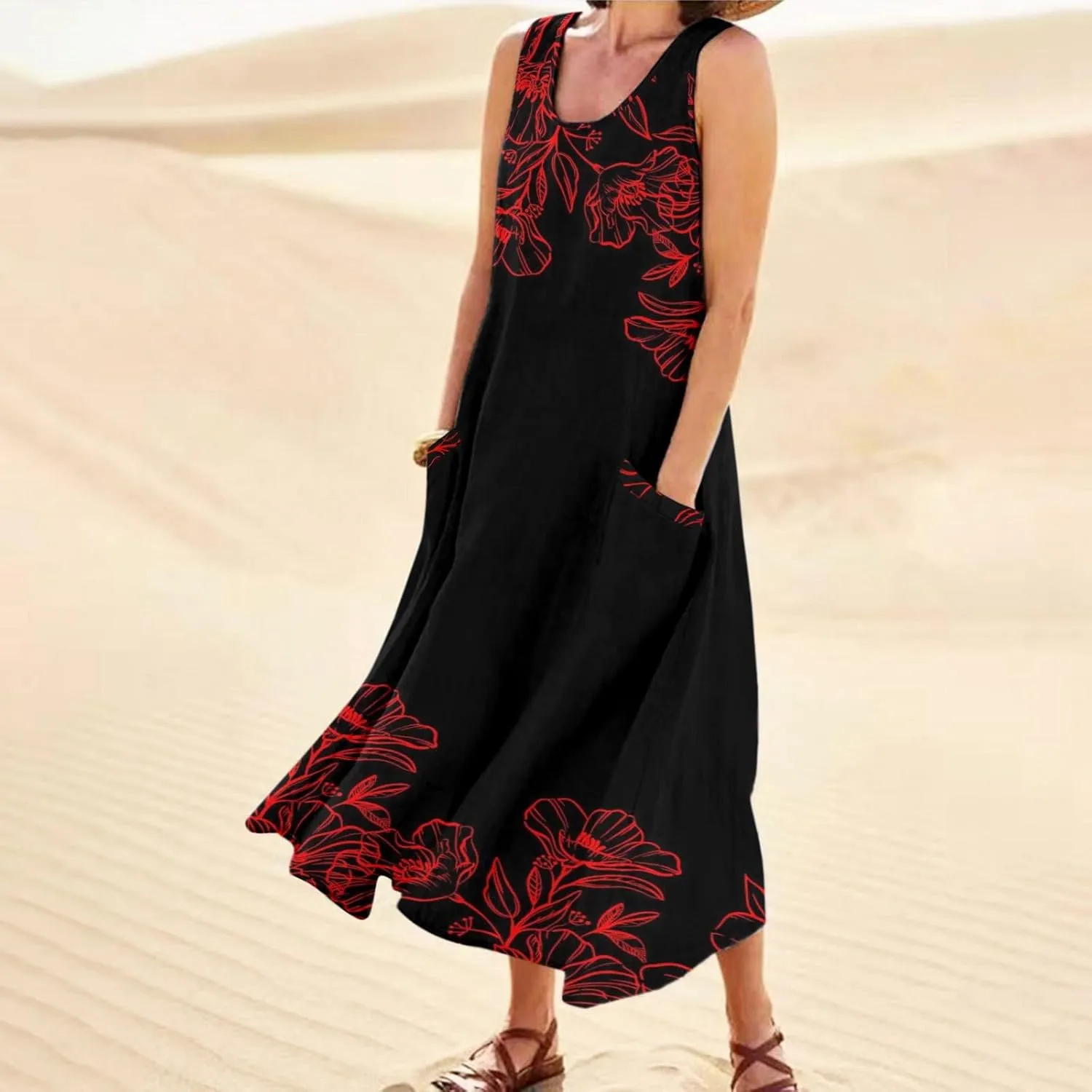 Sundresses for Women 2024 Casual Cotton Linen Maxi Dresses with Pockets Loose Print Sun Dress Plus Size Summer Dress