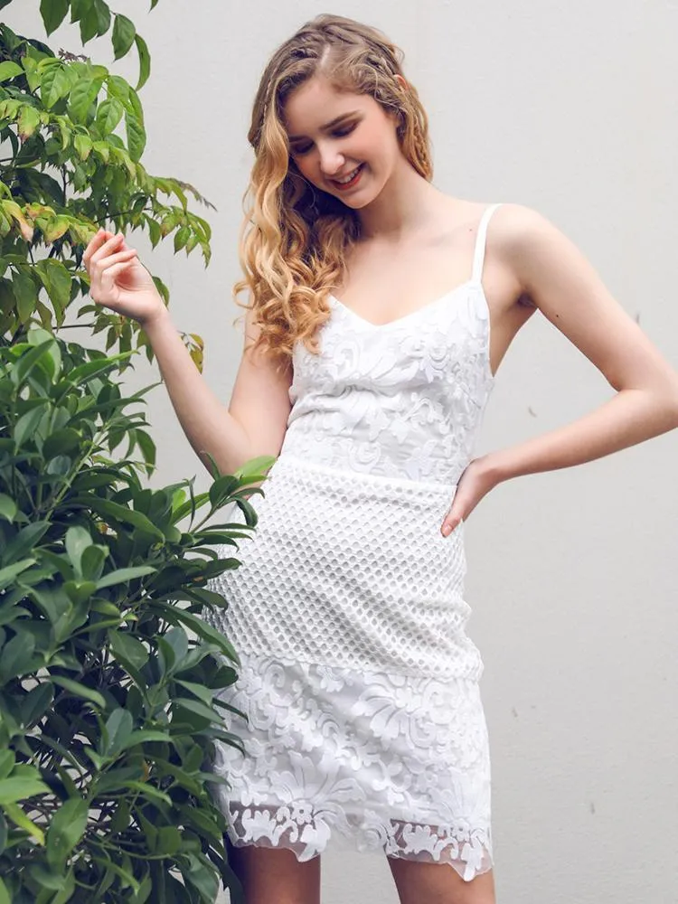 Sweet Casual White Lace Mini Dress