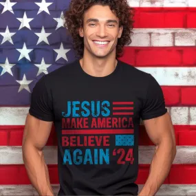 Teesdily | American Flag Jesus Shirt, Jesus Make America Believe Again '24 Tee Sweatshirt Hoodie Mug, Christian American Pride Gift, Patriotic T-shirt