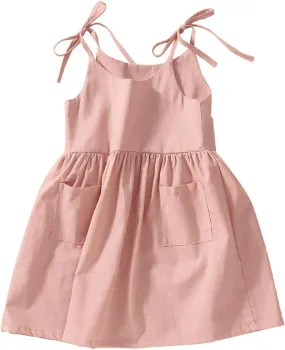 Toddler Baby Girls Summer Cotton Linen White Dress Bow Straps Sleeveless with Pockets Party Beach Casual Sundress