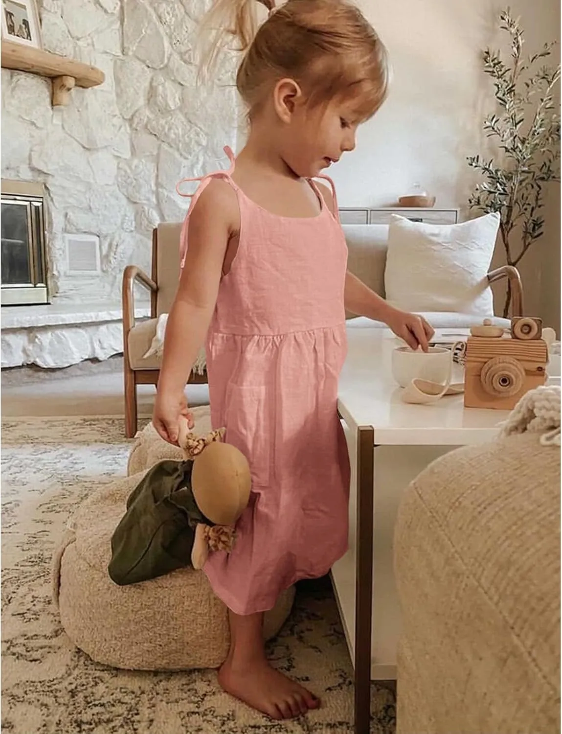 Toddler Baby Girls Summer Cotton Linen White Dress Bow Straps Sleeveless with Pockets Party Beach Casual Sundress