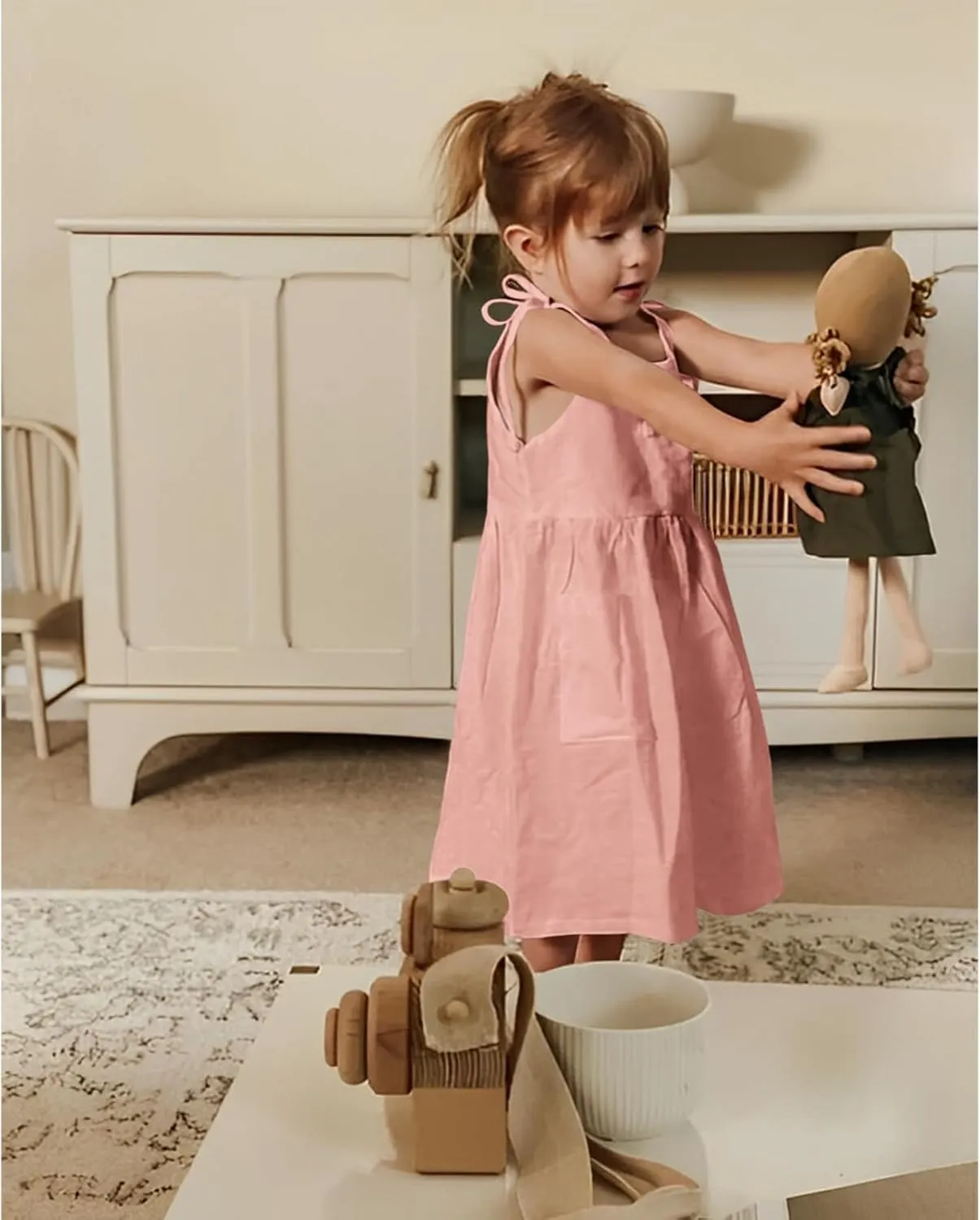 Toddler Baby Girls Summer Cotton Linen White Dress Bow Straps Sleeveless with Pockets Party Beach Casual Sundress