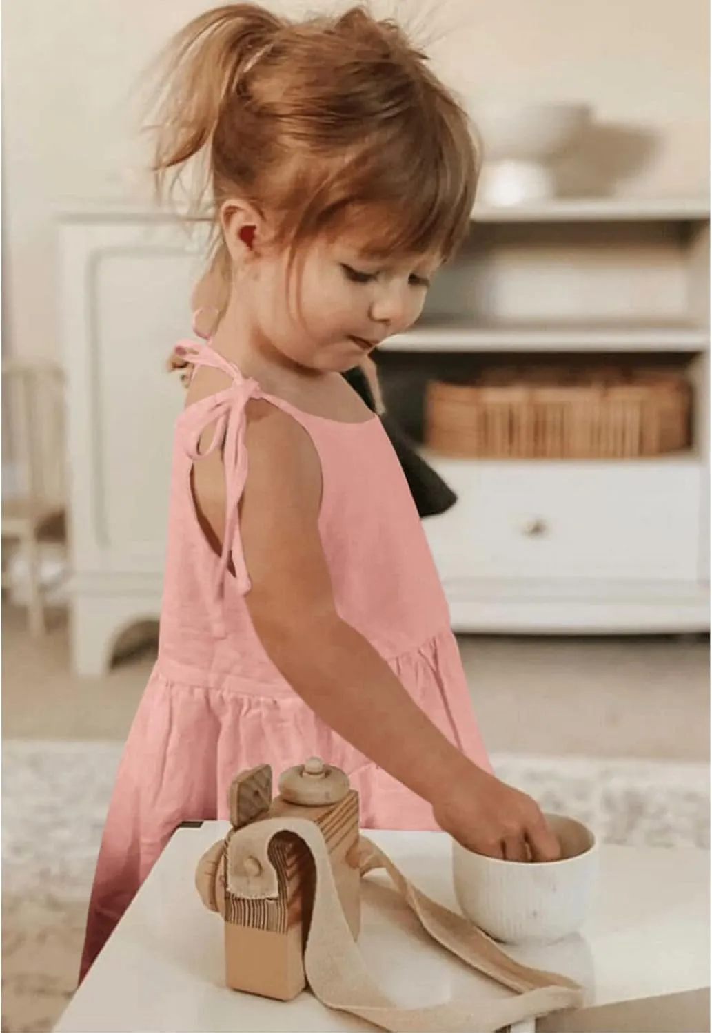Toddler Baby Girls Summer Cotton Linen White Dress Bow Straps Sleeveless with Pockets Party Beach Casual Sundress