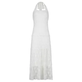 Vintage Fairycore White Halter Neck White Jacquard Lace Dress Women Backless Y2K Fashion Design Long Dresses Sundress