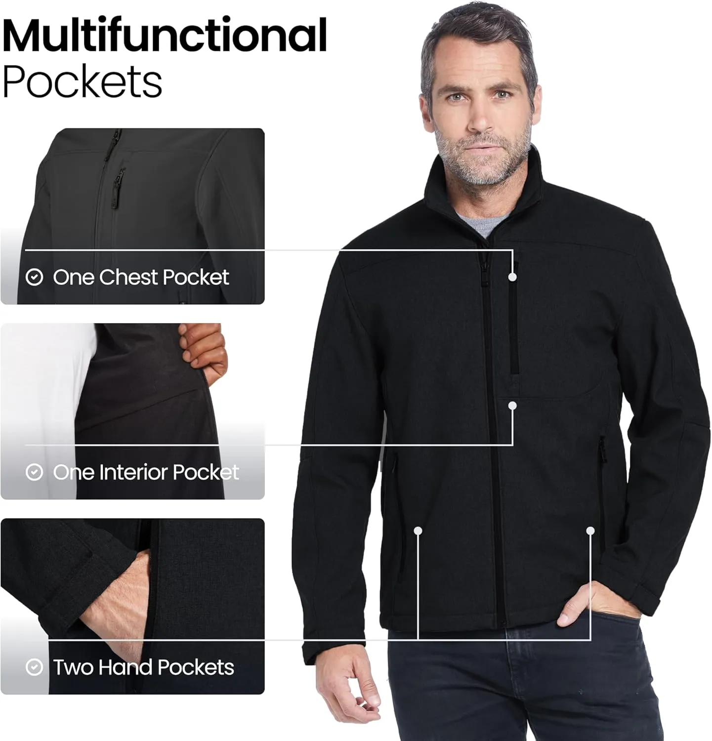 Weatherproof Midweight Soft Shell Jackets for Men - Men’s Water Resistant Windbreaker with Stand Collar (S-3XL)