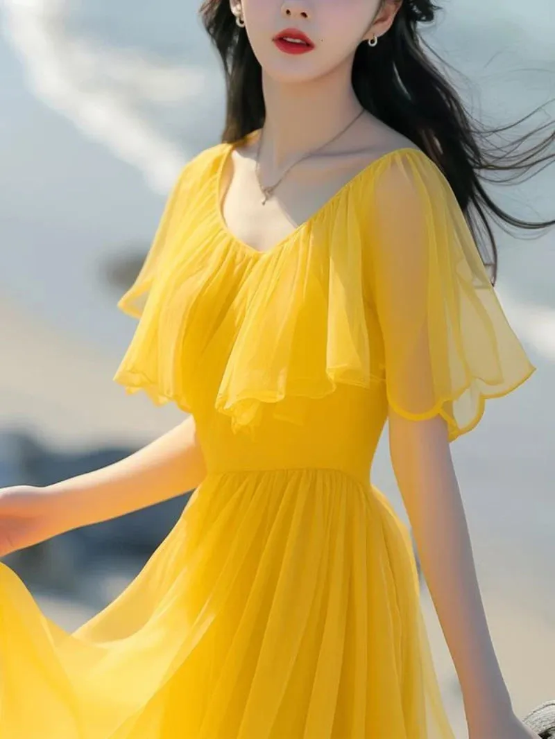 Wenkouban New Yellow Chiffon Dress For Women 2024 Summer Draped Temperament Half Sleeve Holiday Casual Beach Female Elegant Long Dress