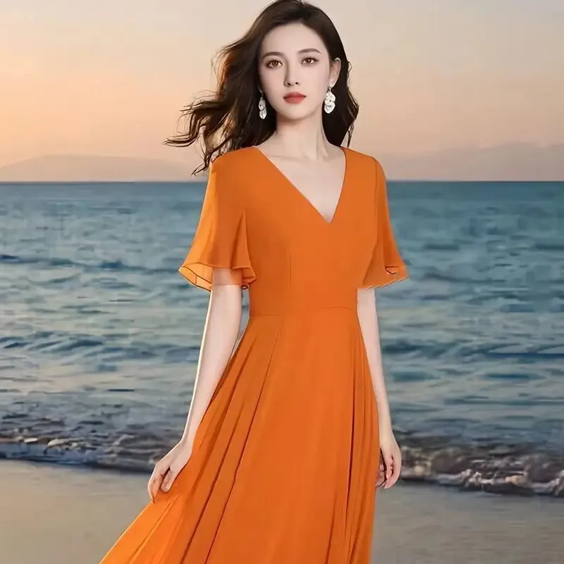 Wenkouban New Yellow Chiffon Dress For Women 2024 Summer Draped Temperament Half Sleeve Holiday Casual Beach Female Elegant Long Dress