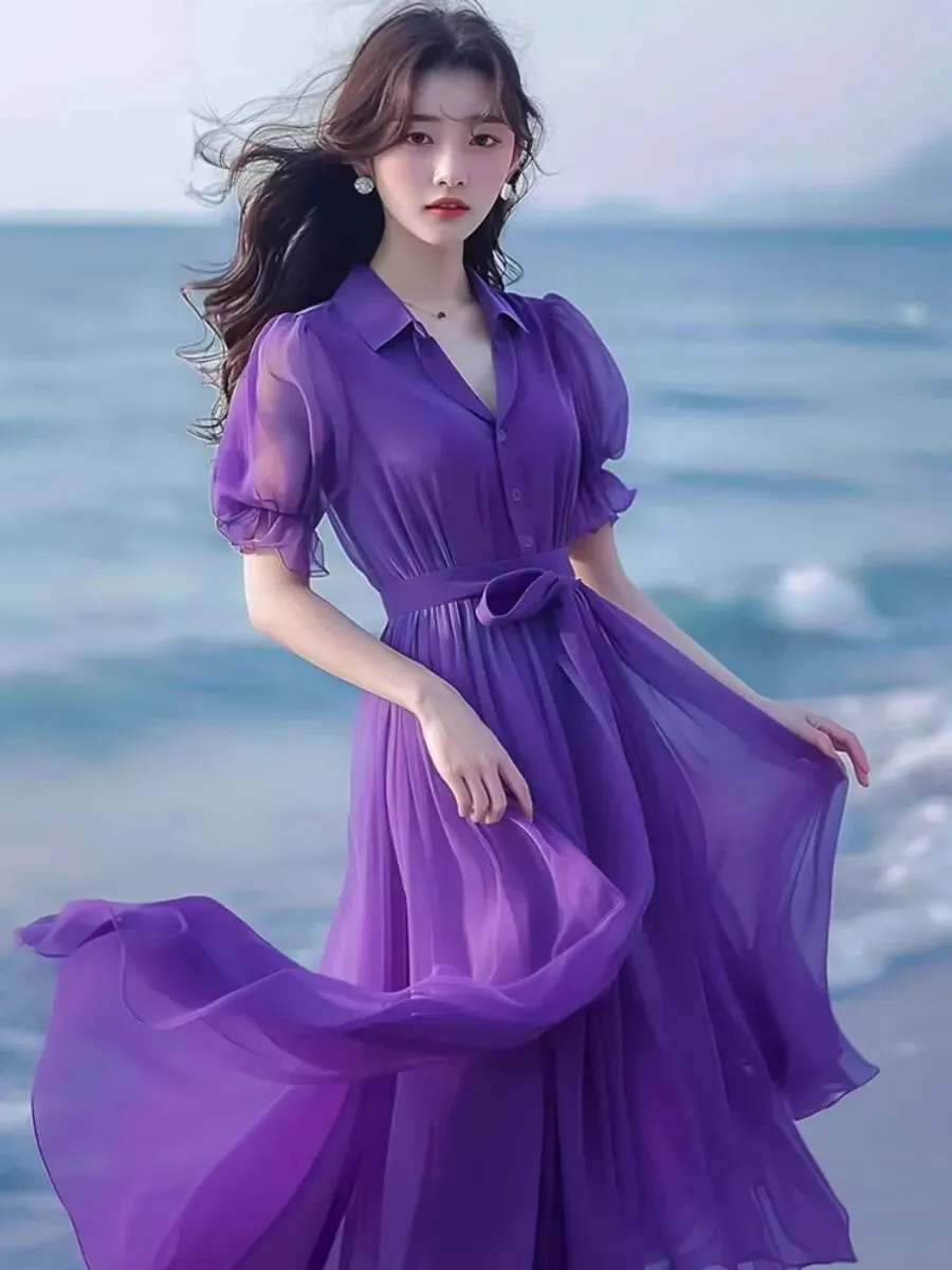 Wenkouban New Yellow Chiffon Dress For Women 2024 Summer Draped Temperament Half Sleeve Holiday Casual Beach Female Elegant Long Dress