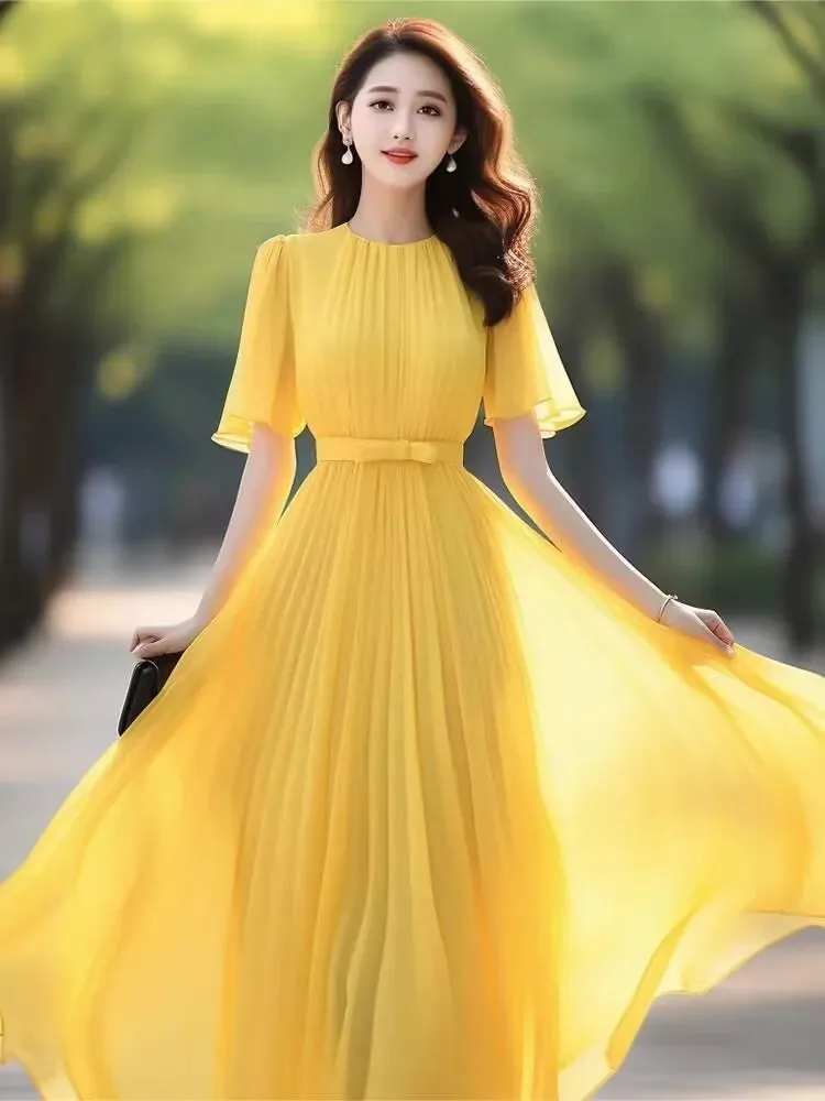 Wenkouban New Yellow Chiffon Dress For Women 2024 Summer Draped Temperament Half Sleeve Holiday Casual Beach Female Elegant Long Dress