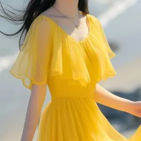 Wenkouban New Yellow Chiffon Dress For Women 2024 Summer Draped Temperament Half Sleeve Holiday Casual Beach Female Elegant Long Dress