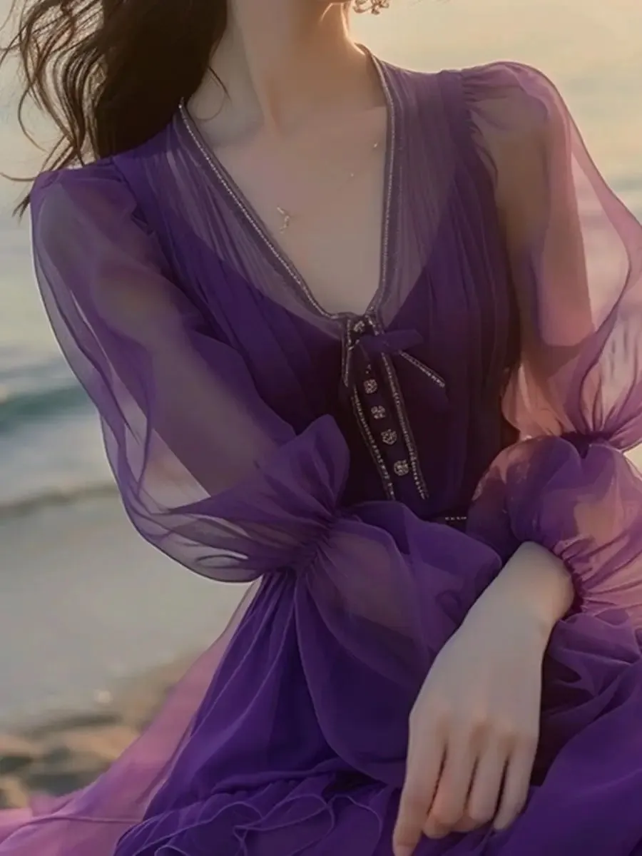 Wenkouban New Yellow Chiffon Elegant Women Long dress 2024 Summer Sweet  Beach Vacation Romantic Fairy Beach Dress