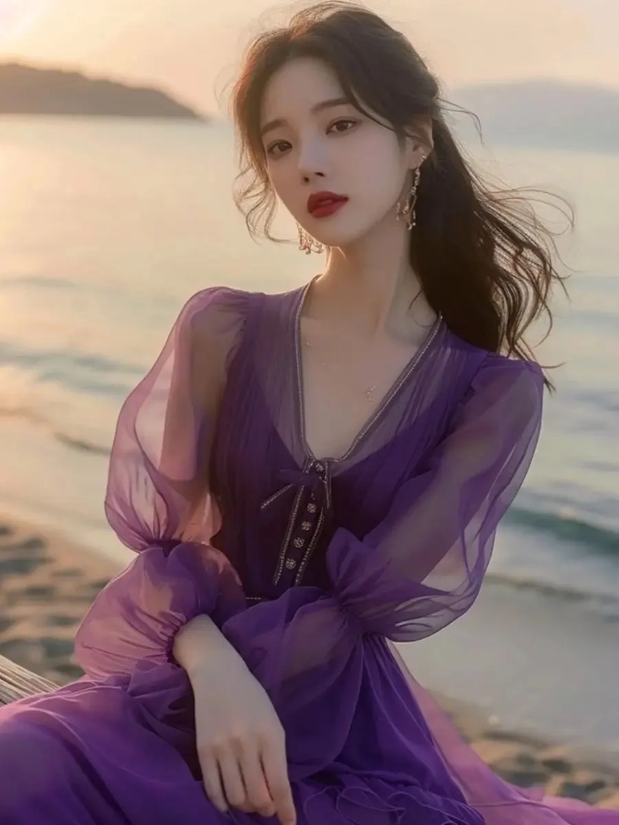Wenkouban New Yellow Chiffon Elegant Women Long dress 2024 Summer Sweet  Beach Vacation Romantic Fairy Beach Dress