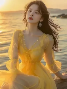 Wenkouban New Yellow Chiffon Elegant Women Long dress 2024 Summer Sweet  Beach Vacation Romantic Fairy Beach Dress
