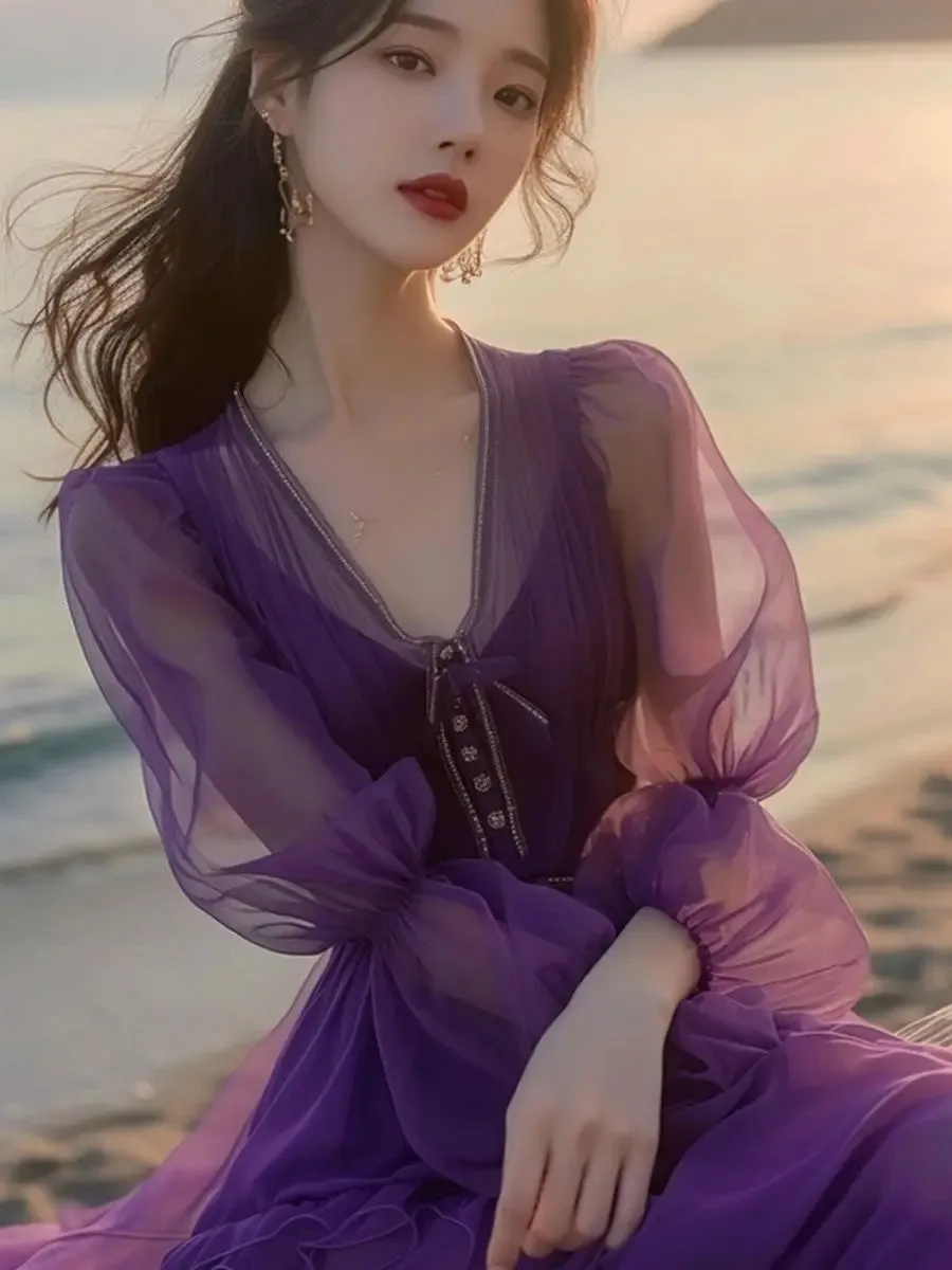 Wenkouban New Yellow Chiffon Elegant Women Long dress 2024 Summer Sweet  Beach Vacation Romantic Fairy Beach Dress