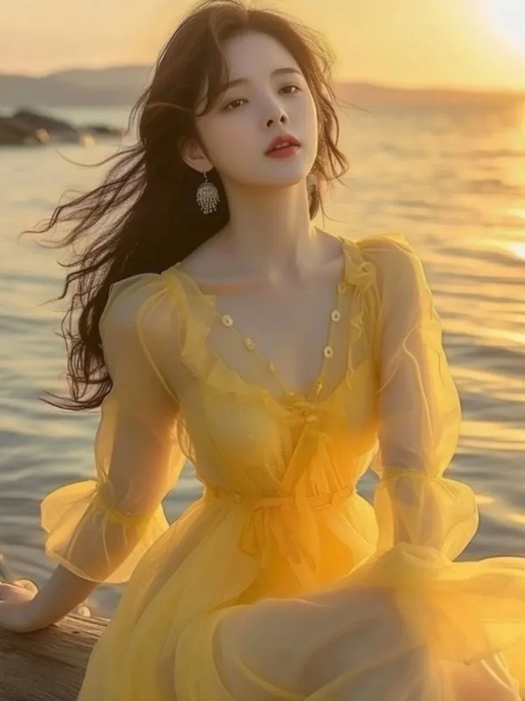 Wenkouban New Yellow Chiffon Elegant Women Long dress 2024 Summer Sweet  Beach Vacation Romantic Fairy Beach Dress