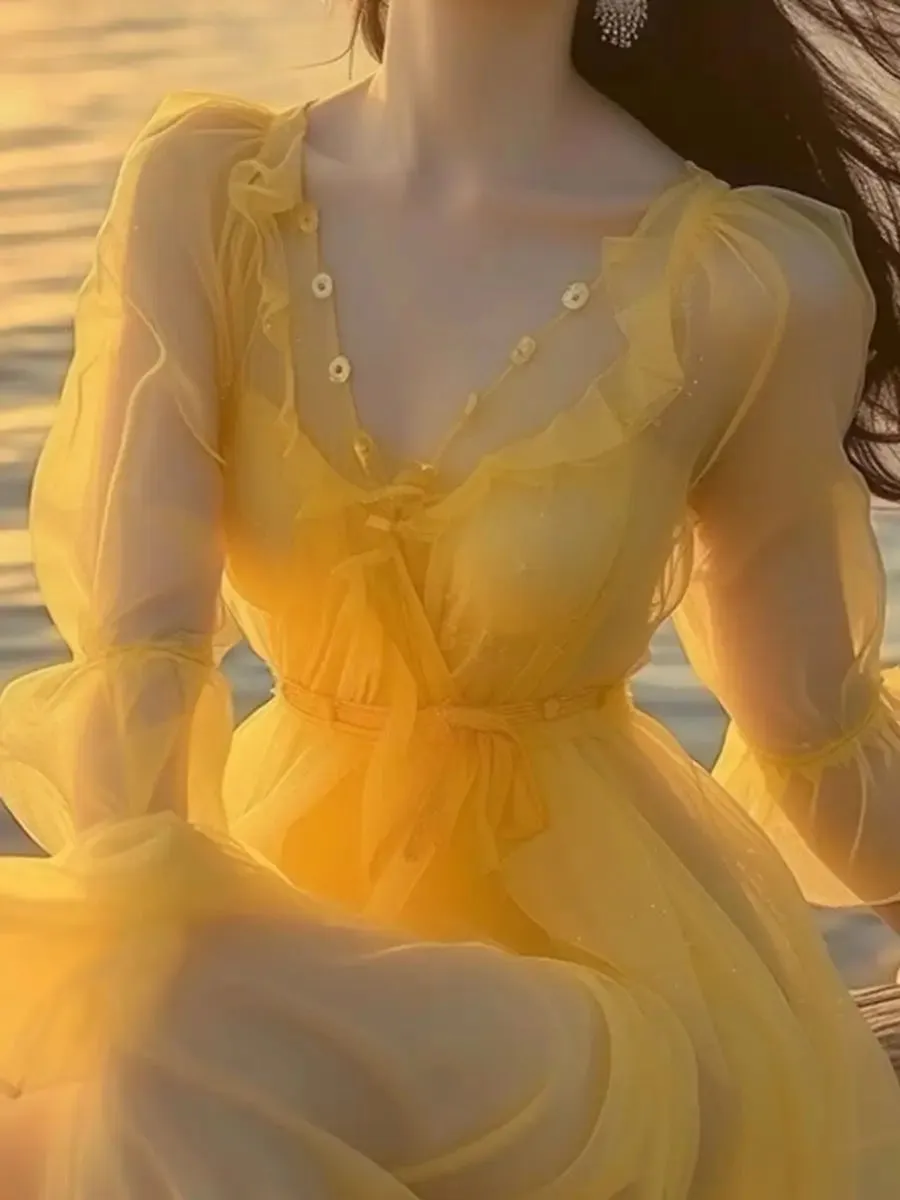 Wenkouban New Yellow Chiffon Elegant Women Long dress 2024 Summer Sweet  Beach Vacation Romantic Fairy Beach Dress