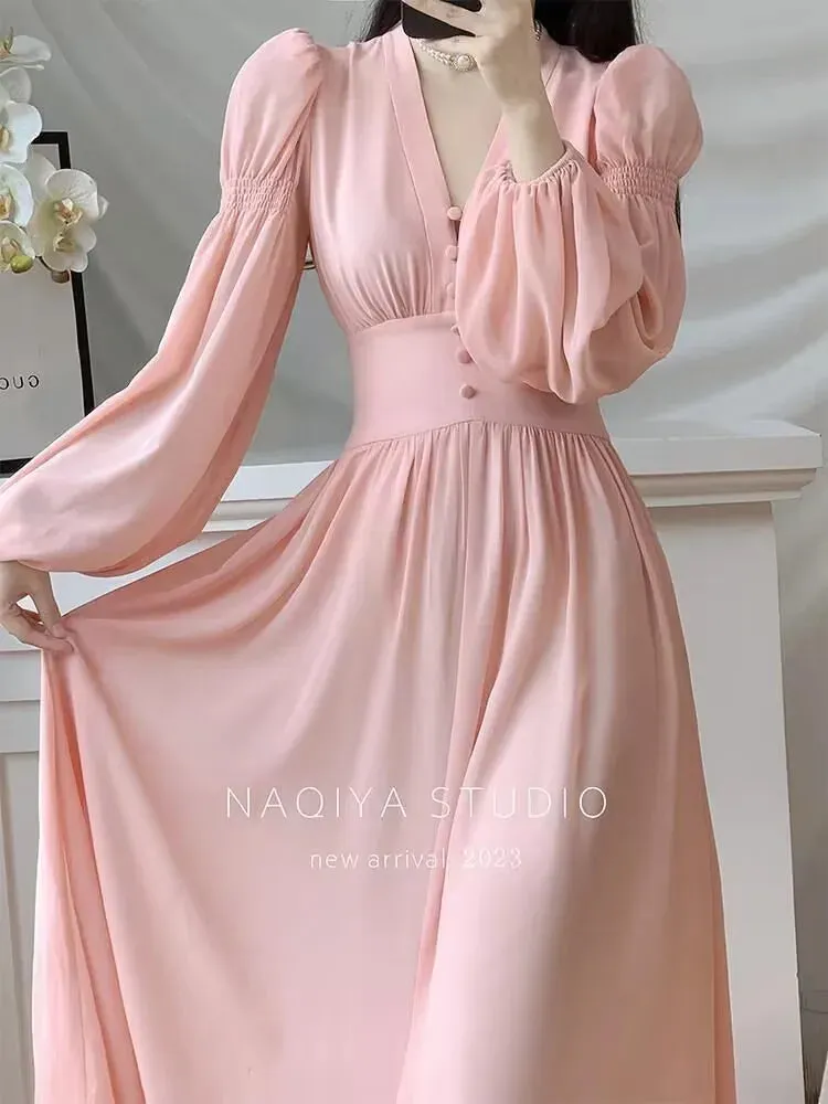 Wenkouban Women's Elegant Lantern Sleeve Fairy Midi Dress, French, V Neck, Evening Party, Prom Robe, Pink, Spring