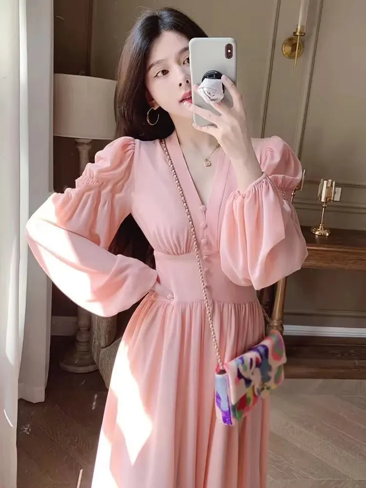Wenkouban Women's Elegant Lantern Sleeve Fairy Midi Dress, French, V Neck, Evening Party, Prom Robe, Pink, Spring