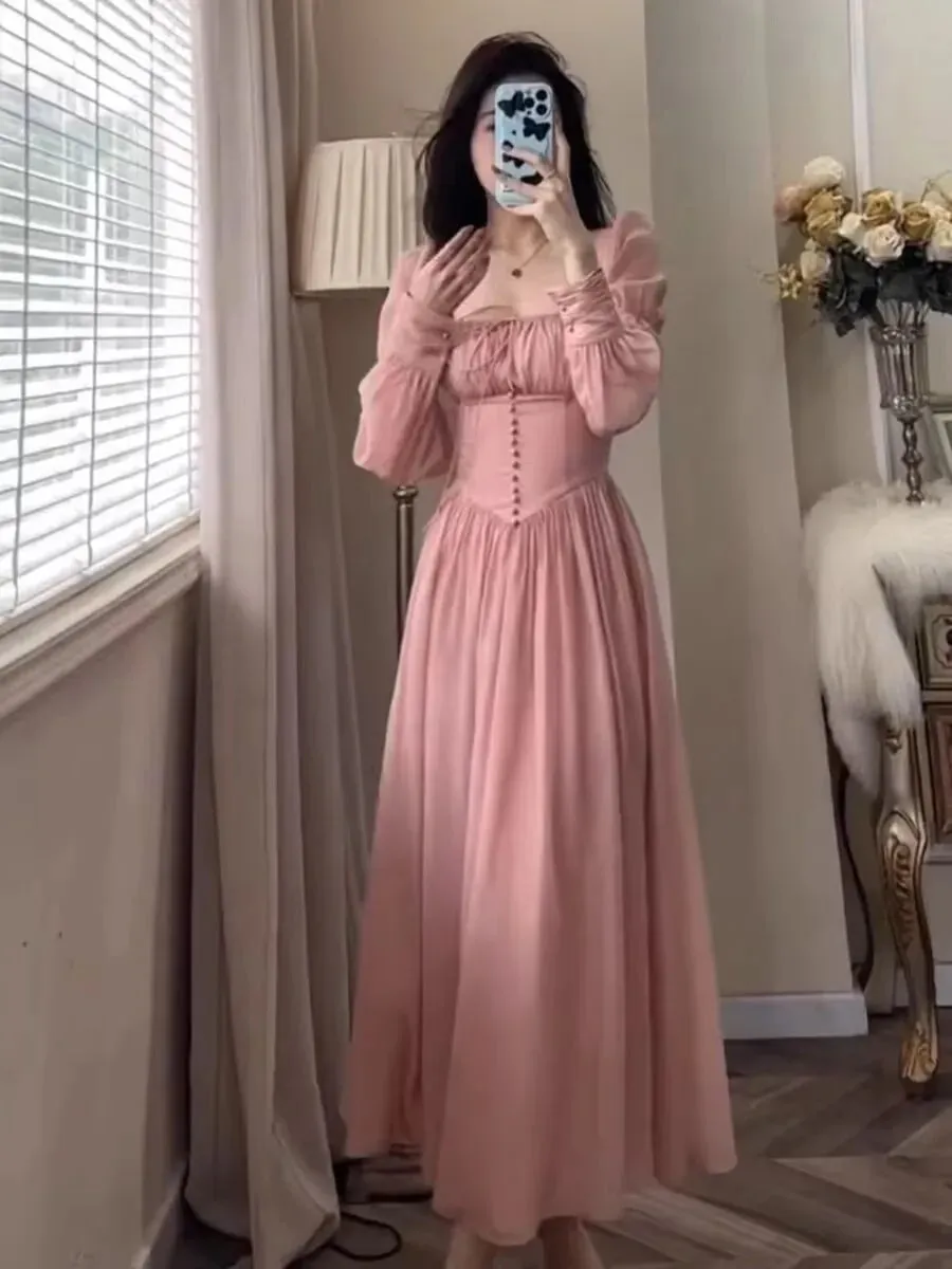 Wenkouban Women's Elegant Lantern Sleeve Fairy Midi Dress, French, V Neck, Evening Party, Prom Robe, Pink, Spring
