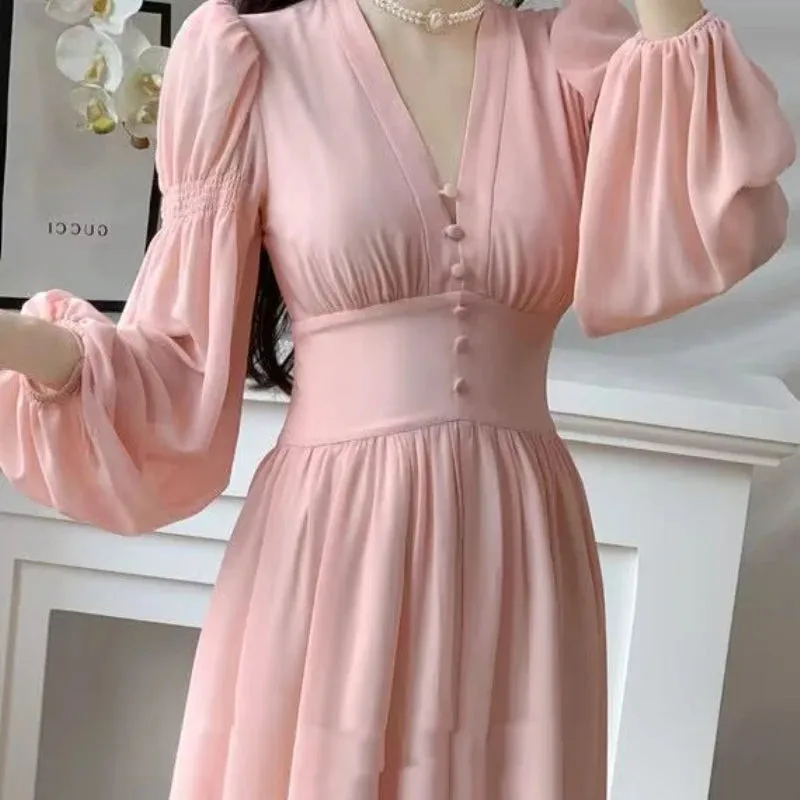 Wenkouban Women's Elegant Lantern Sleeve Fairy Midi Dress, French, V Neck, Evening Party, Prom Robe, Pink, Spring