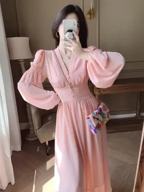 Wenkouban Women's Elegant Lantern Sleeve Fairy Midi Dress, French, V Neck, Evening Party, Prom Robe, Pink, Spring