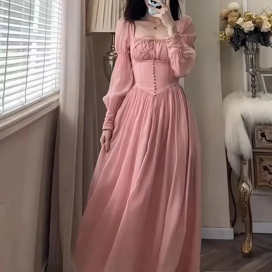 Wenkouban Women's Elegant Lantern Sleeve Fairy Midi Dress, French, V Neck, Evening Party, Prom Robe, Pink, Spring