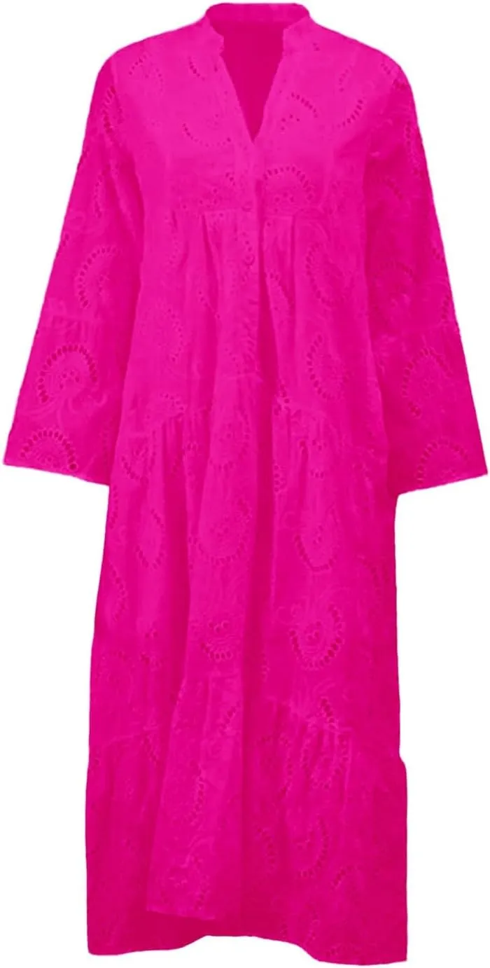Women Eyelet Dress Boho Elegant Lace Hollow Summer V Neck Bell Sleeve Ruffle Casual Flowy Long Maxi Dresses