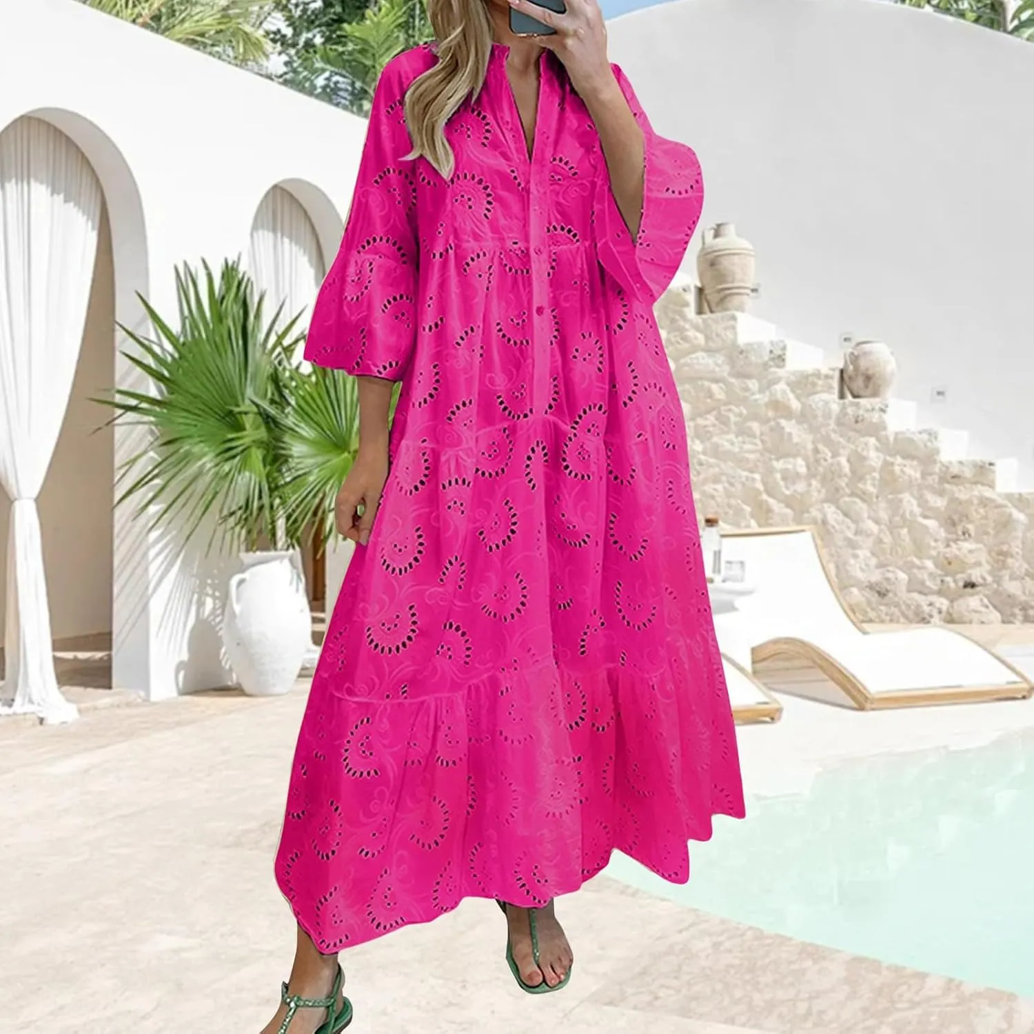 Women Eyelet Dress Boho Elegant Lace Hollow Summer V Neck Bell Sleeve Ruffle Casual Flowy Long Maxi Dresses